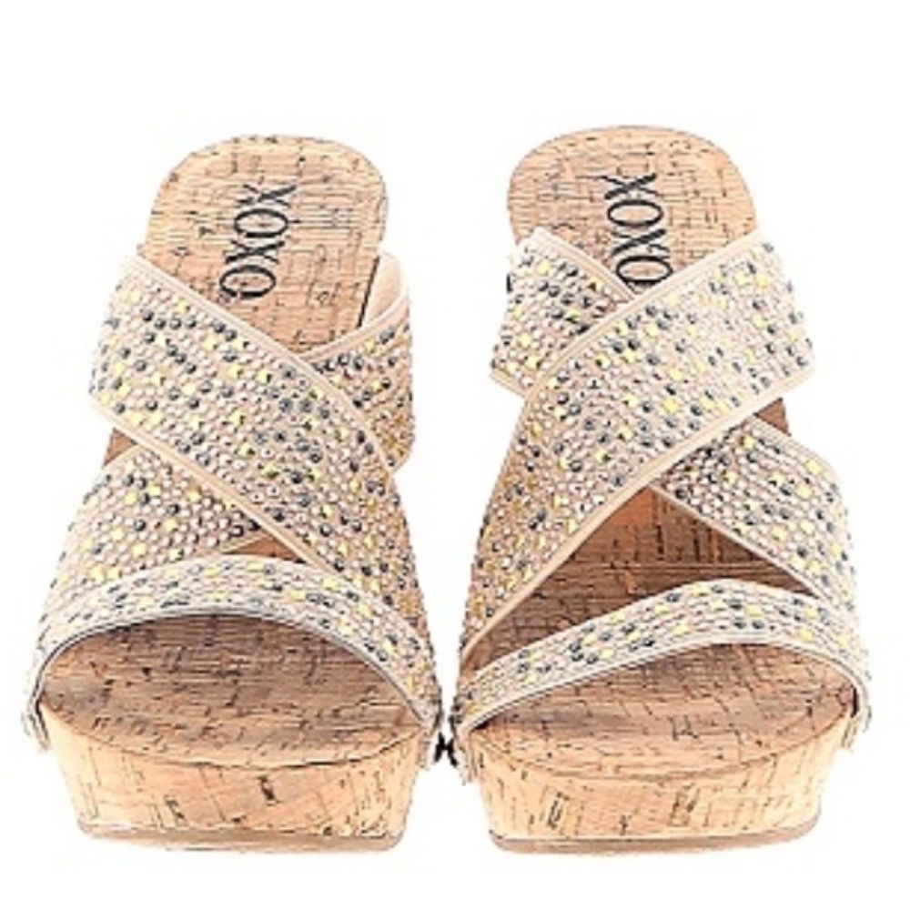 XOXO Tan Belicia Stud Embelished Strappy Wedge Platform Sandals Size 7 - Picture 3 of 5